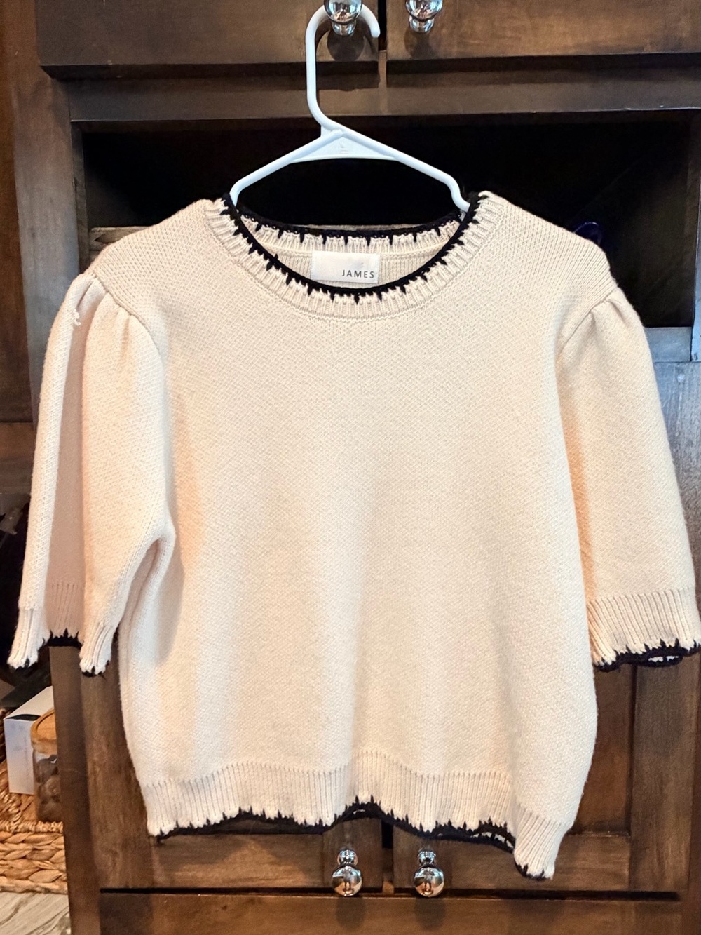 Cream Puff-Sleeve Knit Sweater with Black Trim from EVEREVE